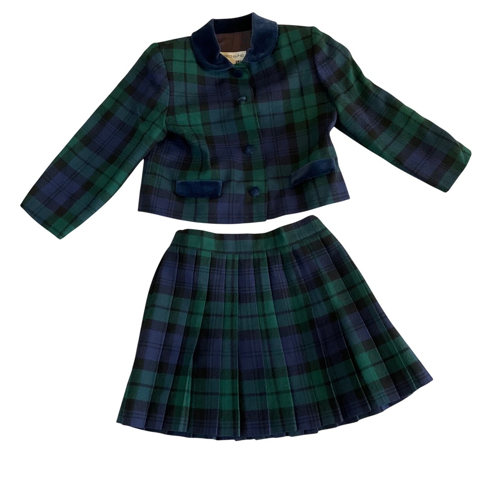 Alfred Sung Skirt Suit Set Kids Size 6 Green Blue Plaid Wool Velvet Trim Vintage